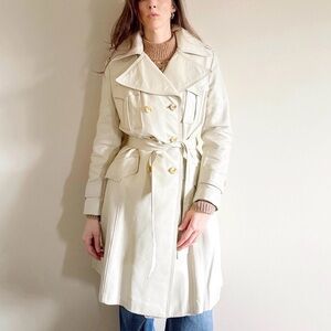 Vintage 70s Cream Leather Double-Breasted Trench Coat with Belt -Small
